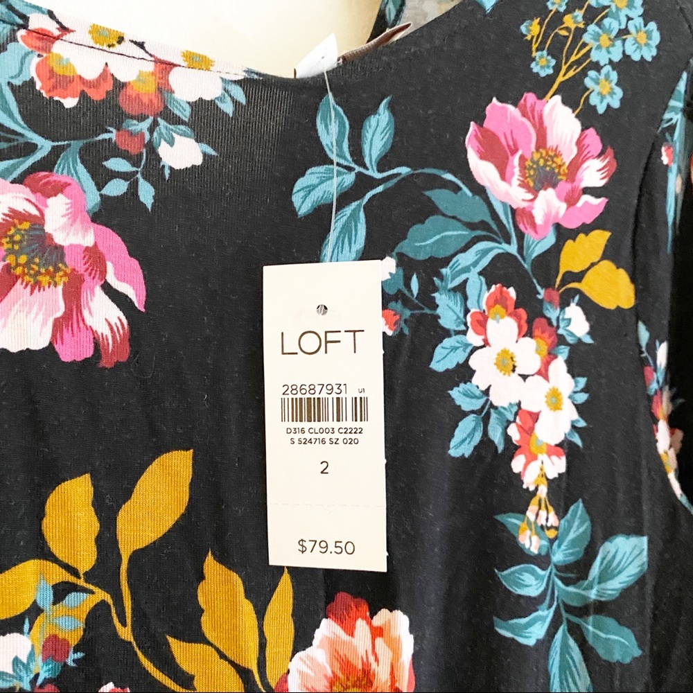 LOFT Floral Open Back Knit Long Sleeve Flare Skater Dress Black Pink 2 NWT - Picture 5 of 10